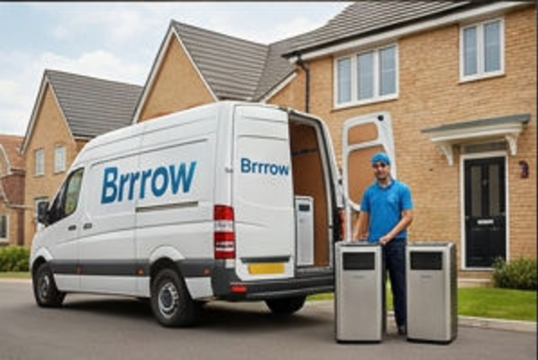 A Brrrow driver unloading two portable air conditioning units from a branded van outside a home