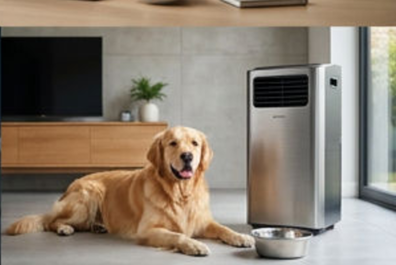 A dog resting comfortably in a living room cooled by a portable air conditioner