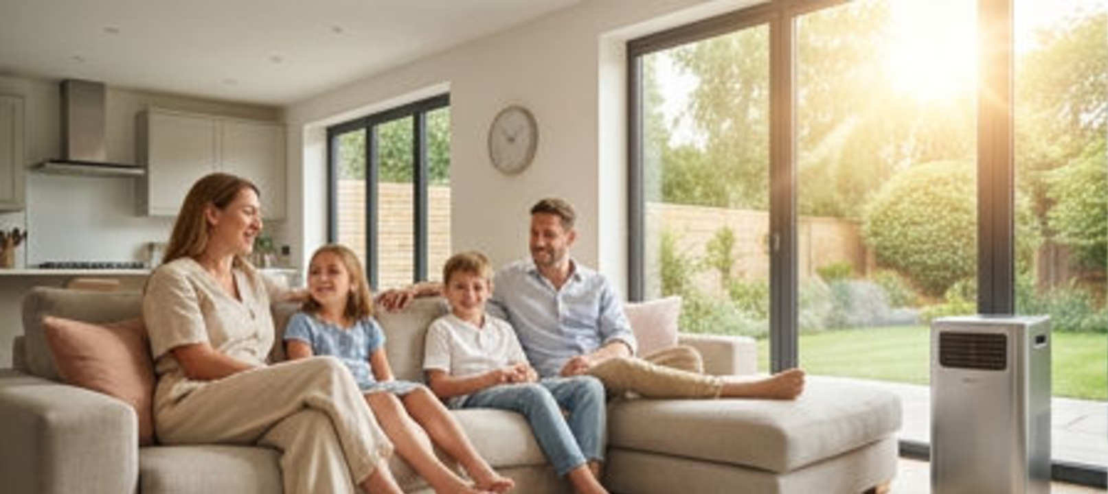 Family relaxing in a bright living room with a Brrrow portable air conditioning unit beside the patio doors