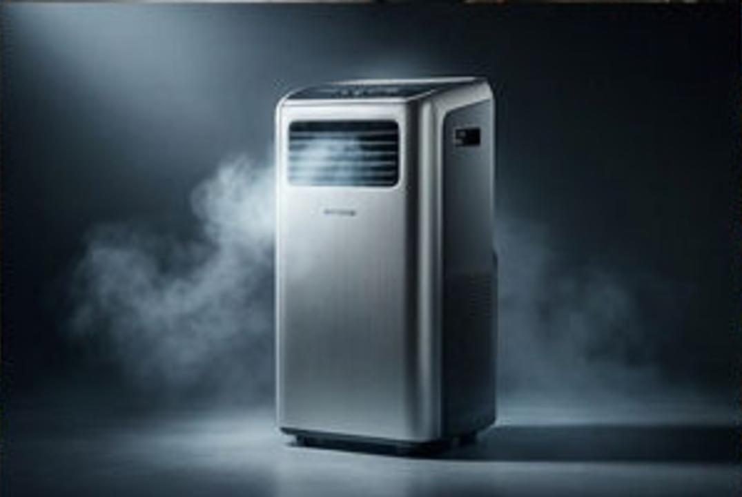 A silver portable air conditioning unit shown in studio lighting