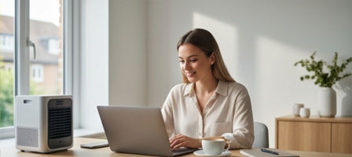 Woman working from home on a laptop with a portable air conditioner beside her desk